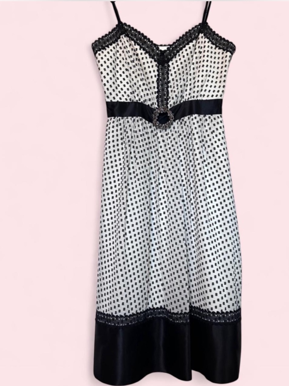 Y2K Silk BCBGMaxAzria Black and White Polka Dot Empire Waist Midi Dress